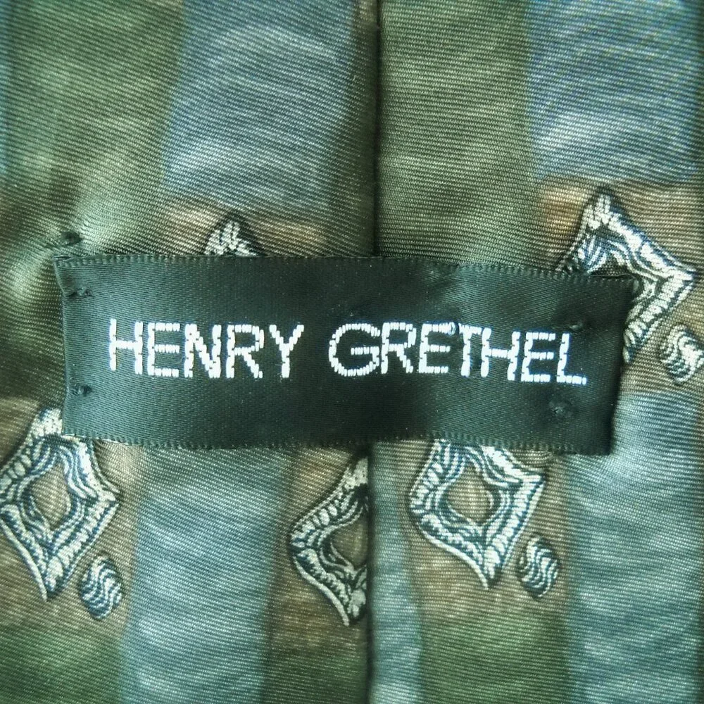 Henry Grethel Olive Green Neck Tie 100% Italian Silk Gray Brown Geometric Stripe